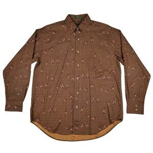 Vintage Polo Player Print Button Up Shirt Men's Medium Brown Maroon 90s Preppy